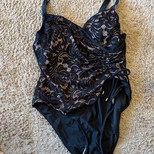 Black Lace-Overlay One-Piece Swimsuit